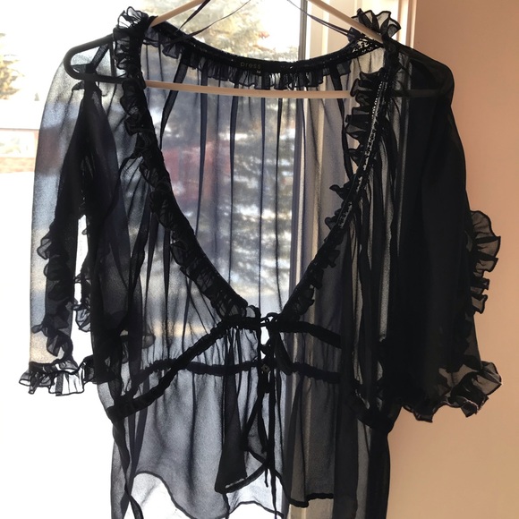 Pretty Sheer Navy Ruffle Top by PRESS Size Medium - Picture 7 of 7